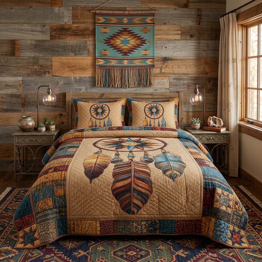 Rustic Compass Feather 3-Piece Quilted Bedding Set - Single (59" x 70")