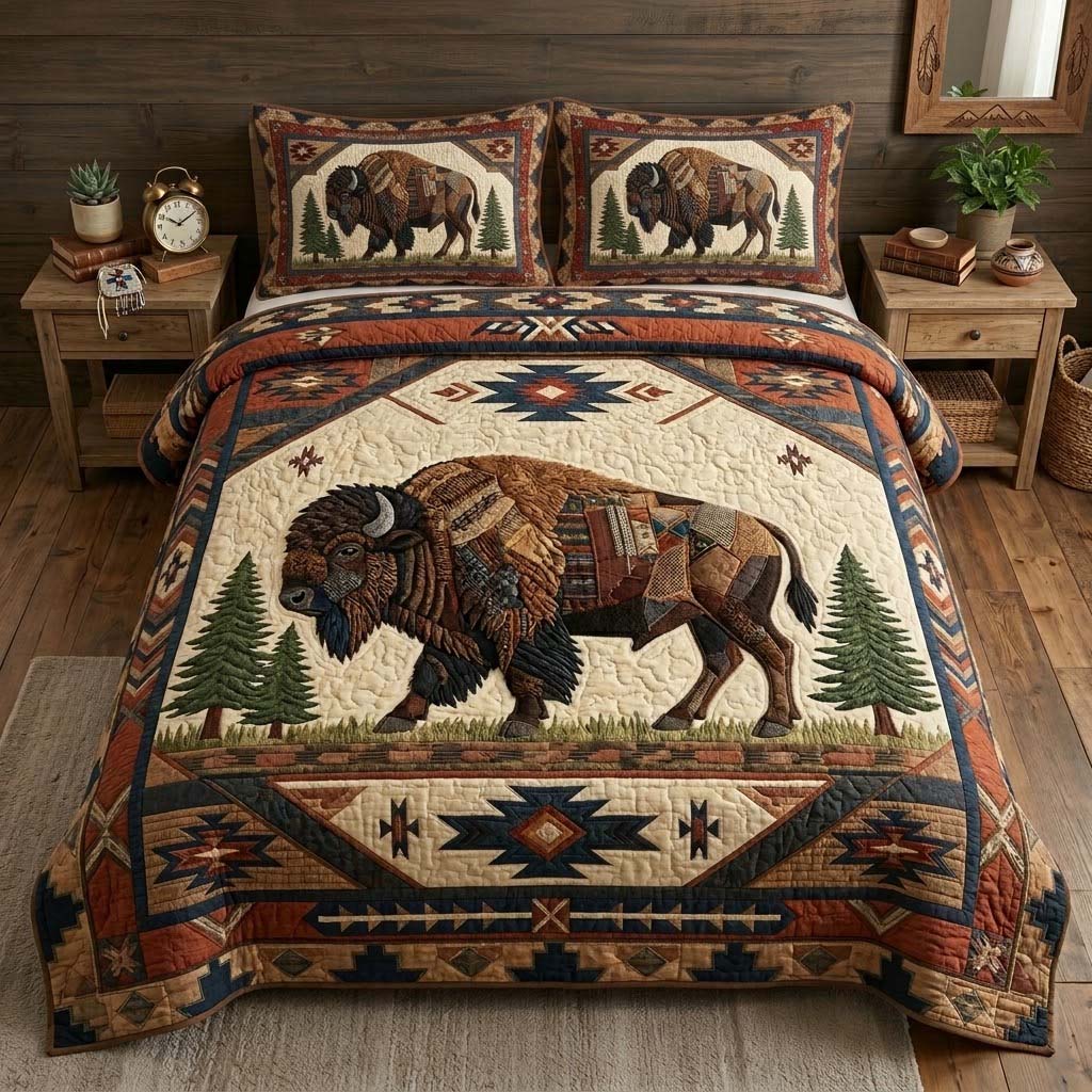 Rustic Trail Bison Heritage 3-Piece Quilted Bedding Set - Single (59" x 70")