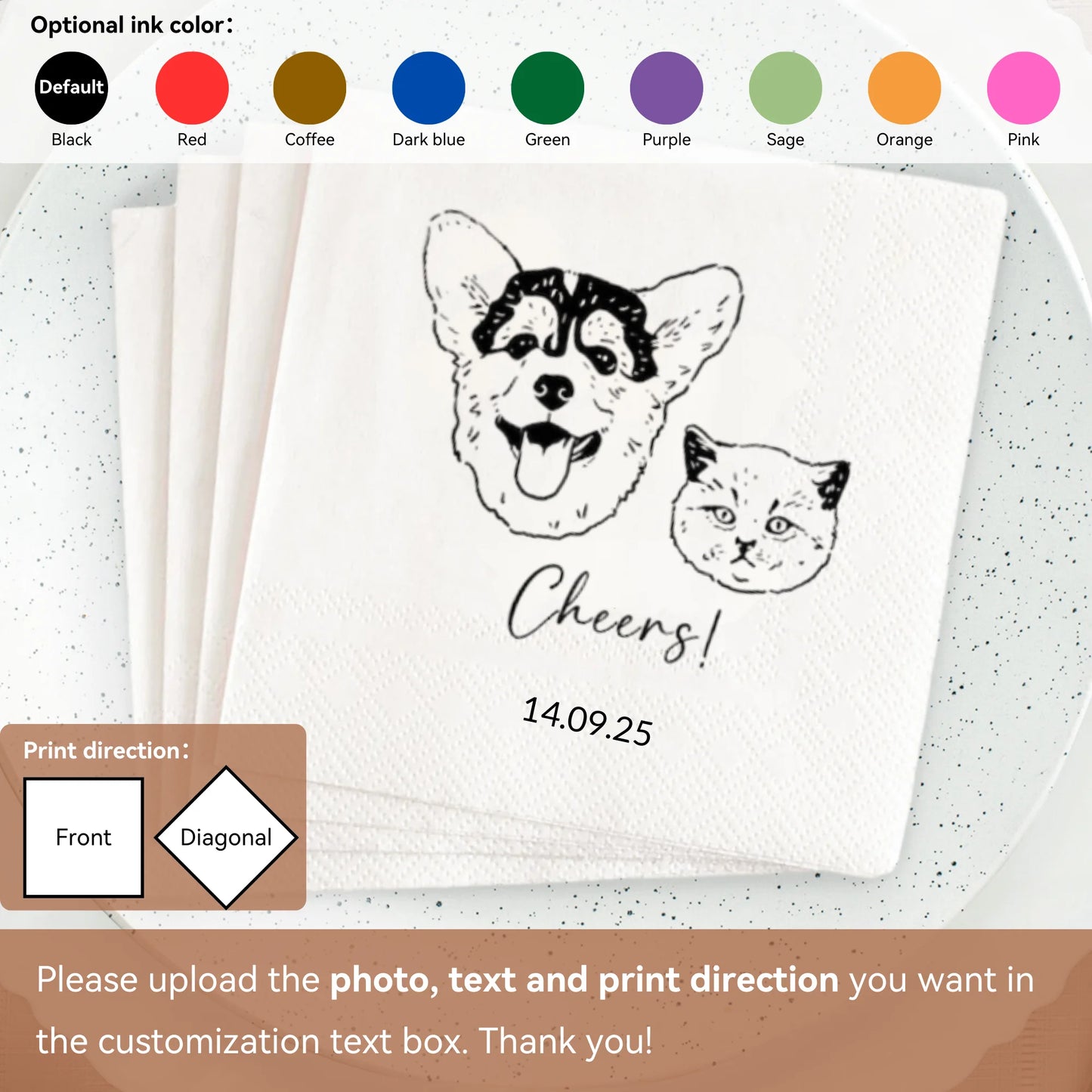 Personalized photo paper cocktail napkins with custom image and text, shown on wedding cocktail hour display.