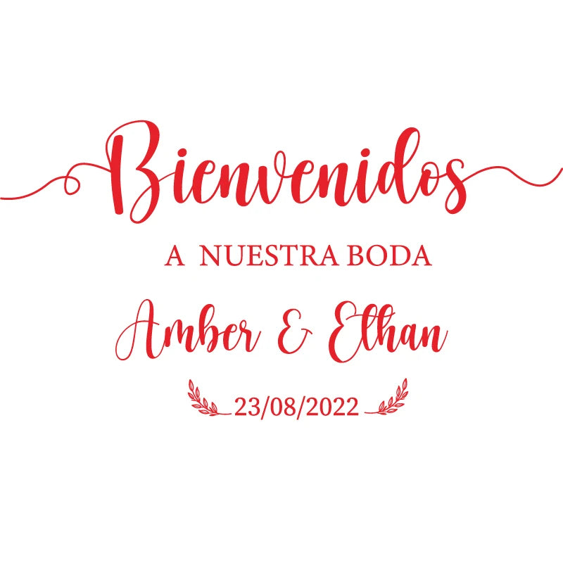 Personalized 'Bienvenidos' Spanish wedding welcome mirror decal in gold vinyl, shown on welcome sign board display.