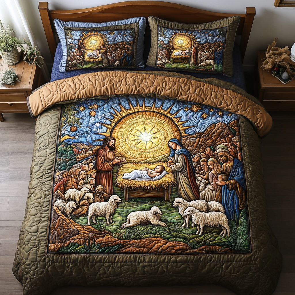 Sacred Birth Scene Quilted Bedding Set - Single (59" x 70")