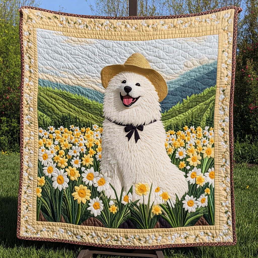 Samoyed Smile Quilted Blanket - Throw (55" x 60")