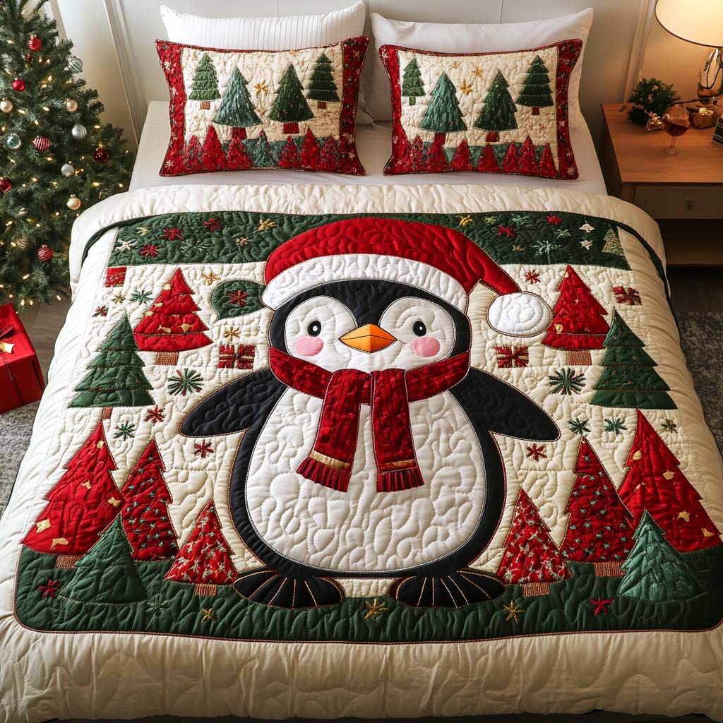 Santa Penguins 3-Piece Quilted Bedding Set - Single (59" x 70")