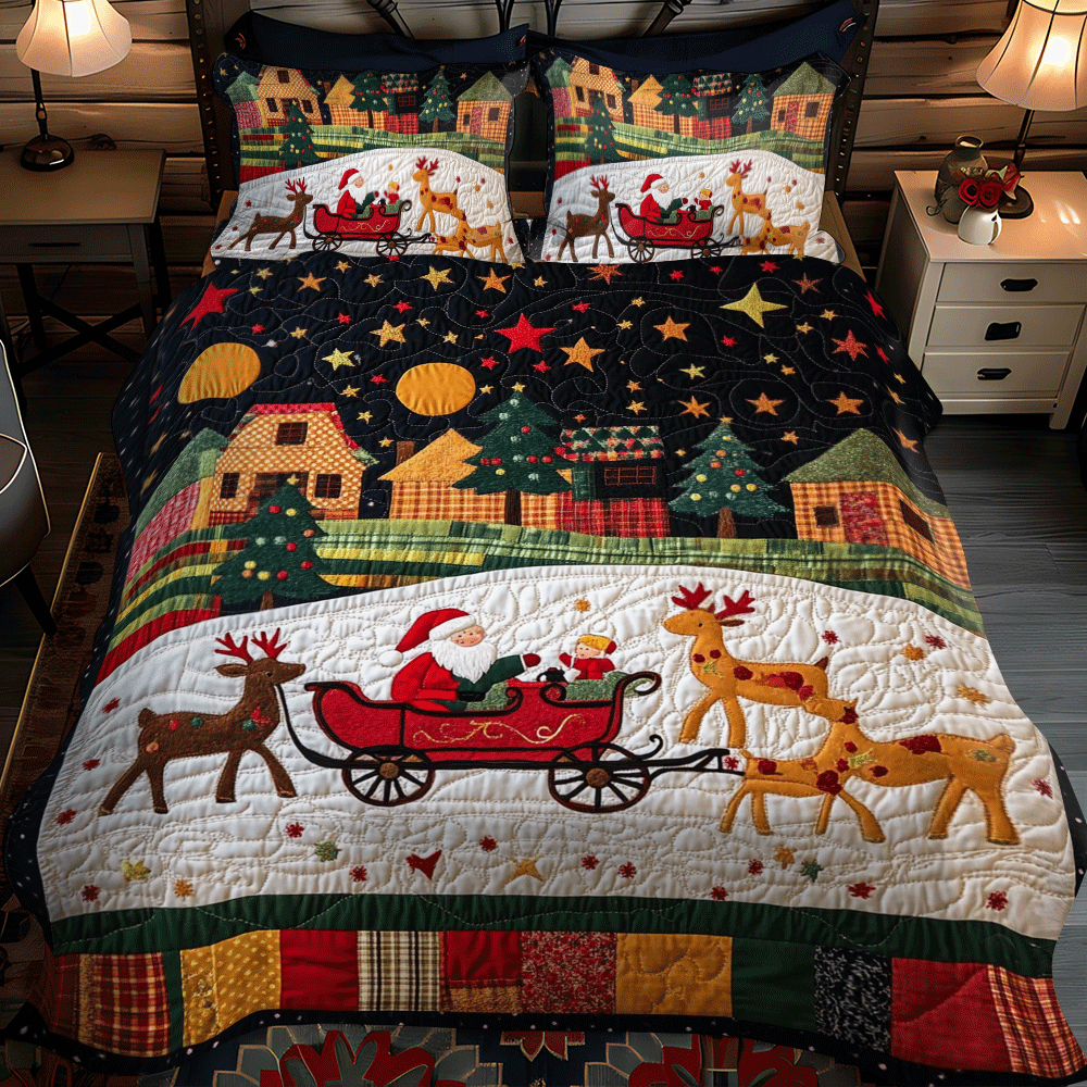 Santa Claus Riding 3-Piece Quilted Bedding Set - Single (59" x 70")
