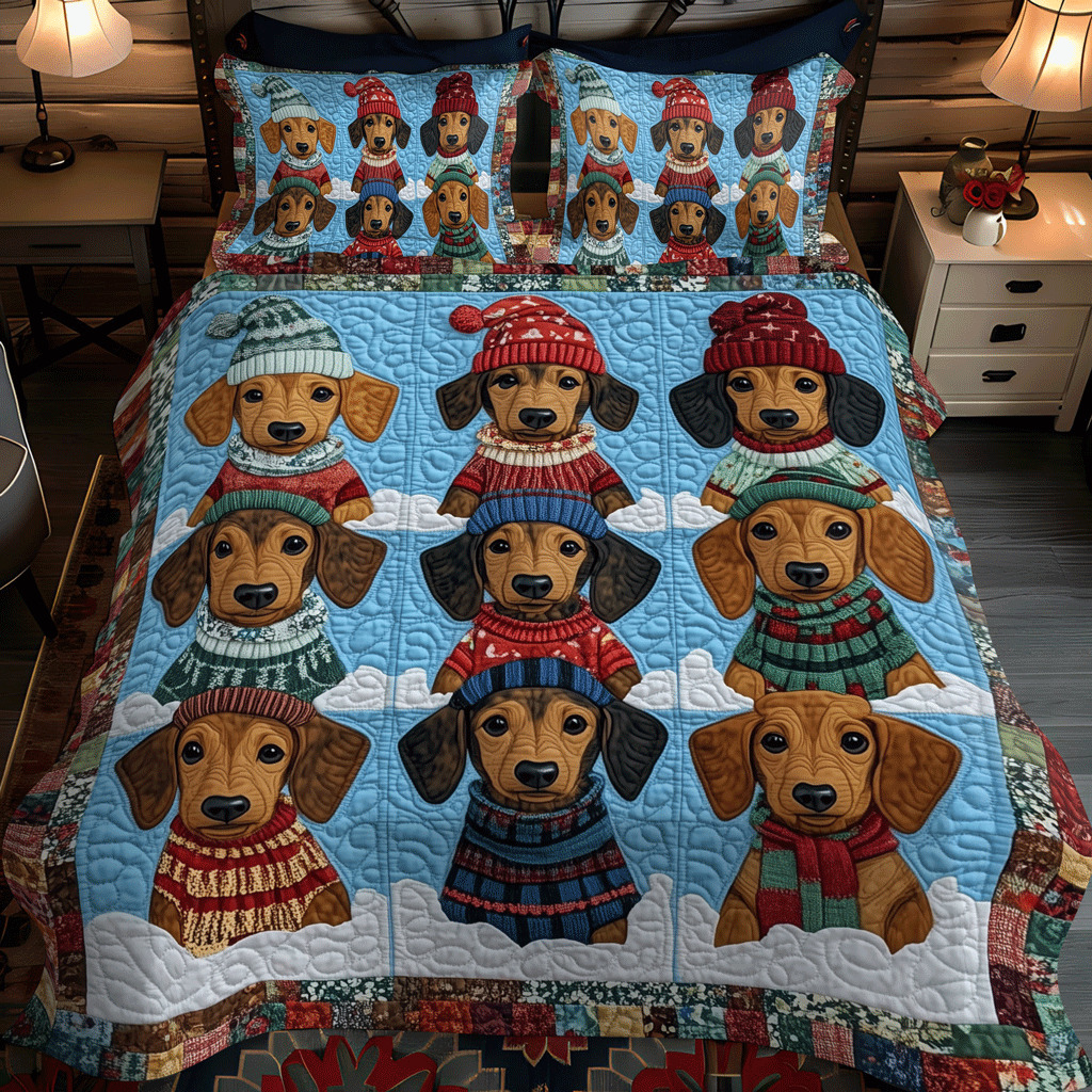 Santas Doxie 3-Piece Quilted Bedding Set - Single (59" x 70")