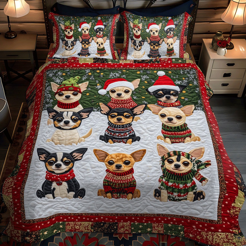 Santas Little Chis 3-Piece Quilted Bedding Set - Single (59" x 70")