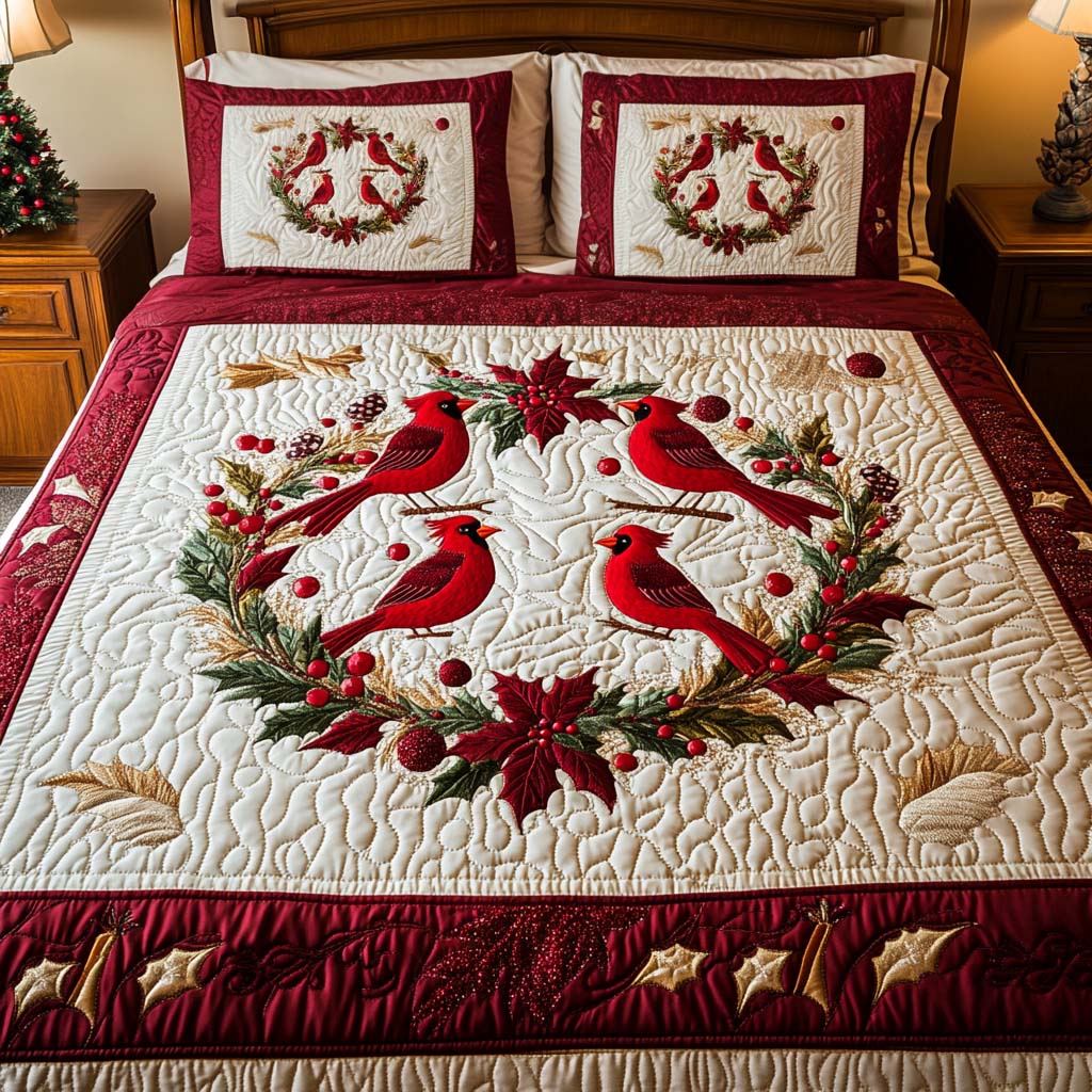 Scarlet Wreath 3-Piece Quilted Bedding Set - Single (59" x 70")
