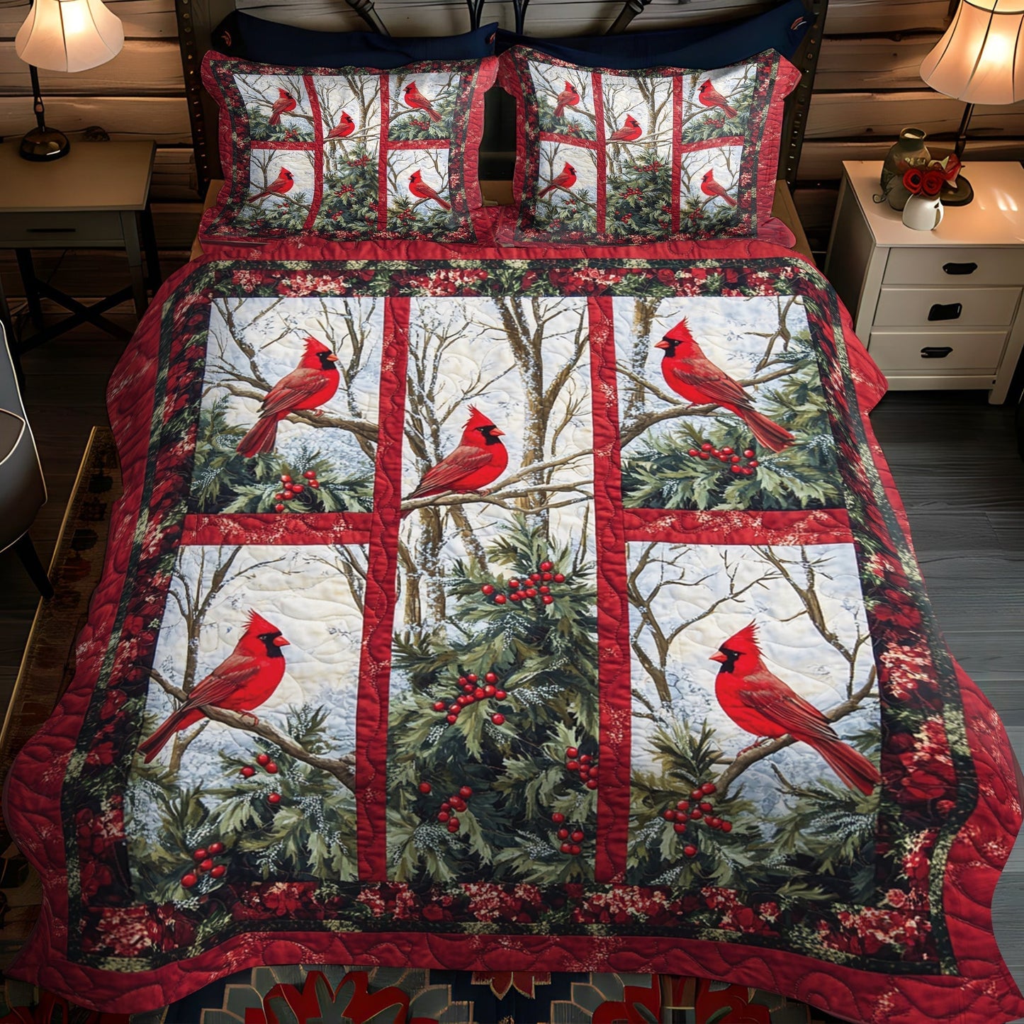 Scarlet Birdsong Quilted Bedding Set - Single (59" x 70")