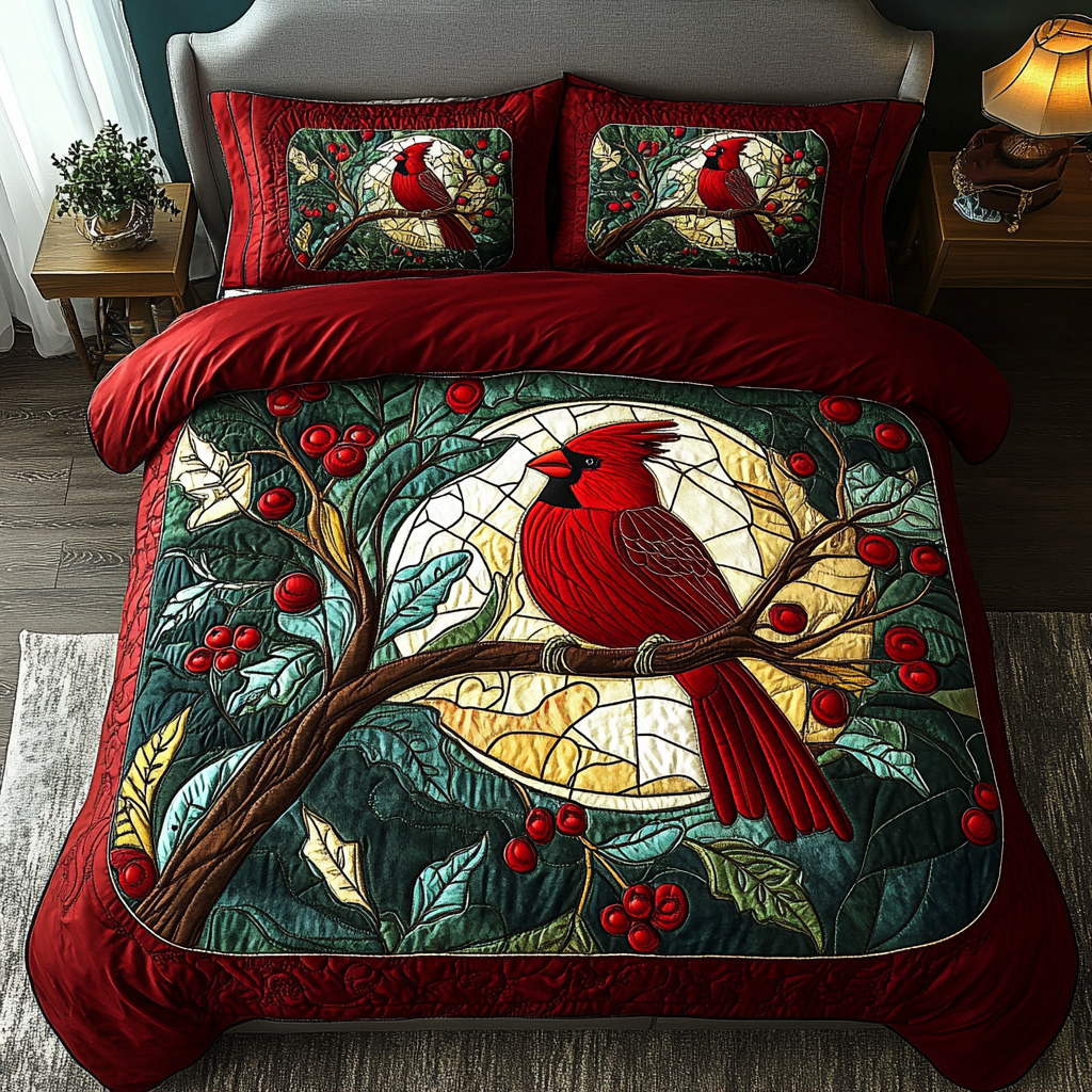 Scarlet Songbird Bliss 3-Piece Quilted Bedding Set - Single (59" x 70")