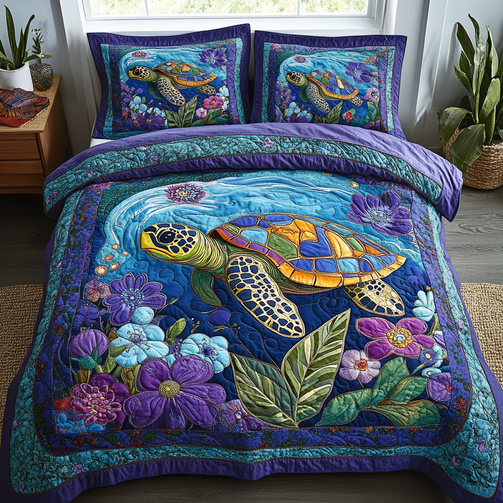Sea Turtle Garden Quilted Bedding Set - Single (59" x 70")