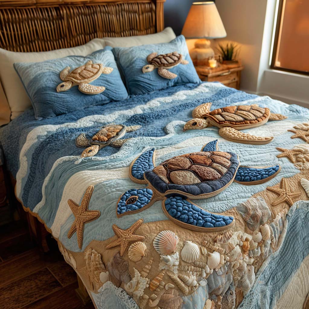 Sea Serenity Shells 3-Piece Quilted Bedding Set - Single (59" x 70")