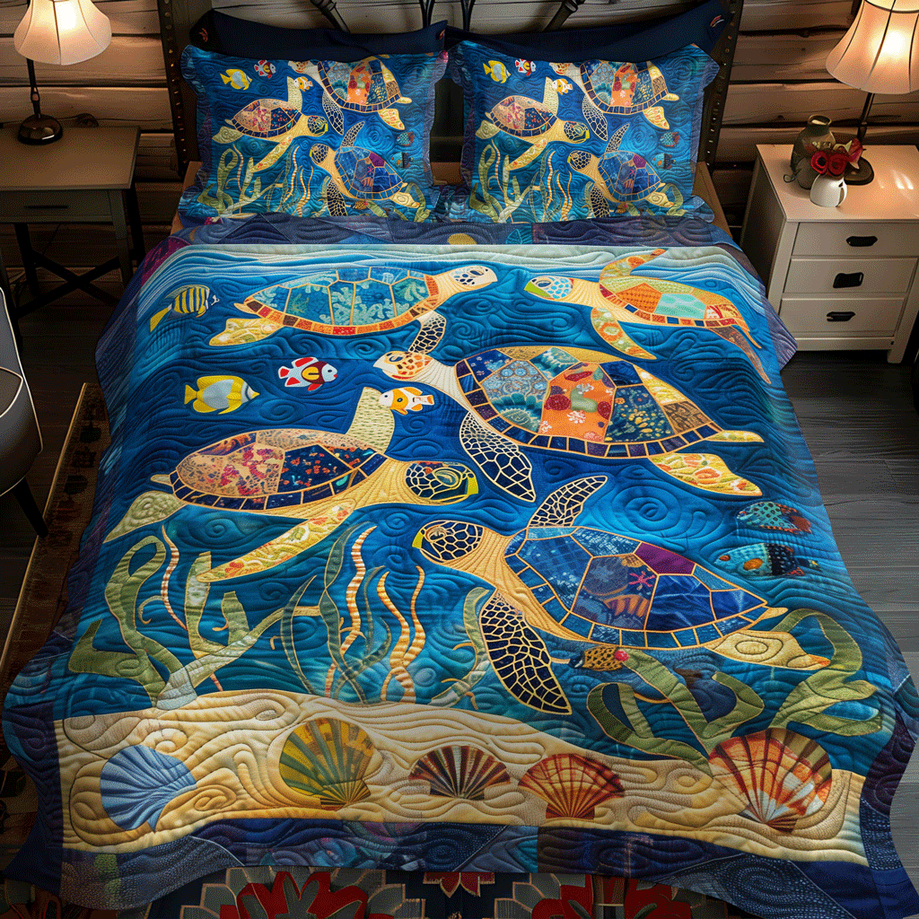 Sea Turtle Gala 3-Piece Quilted Bedding Set - Single (59" x 70")