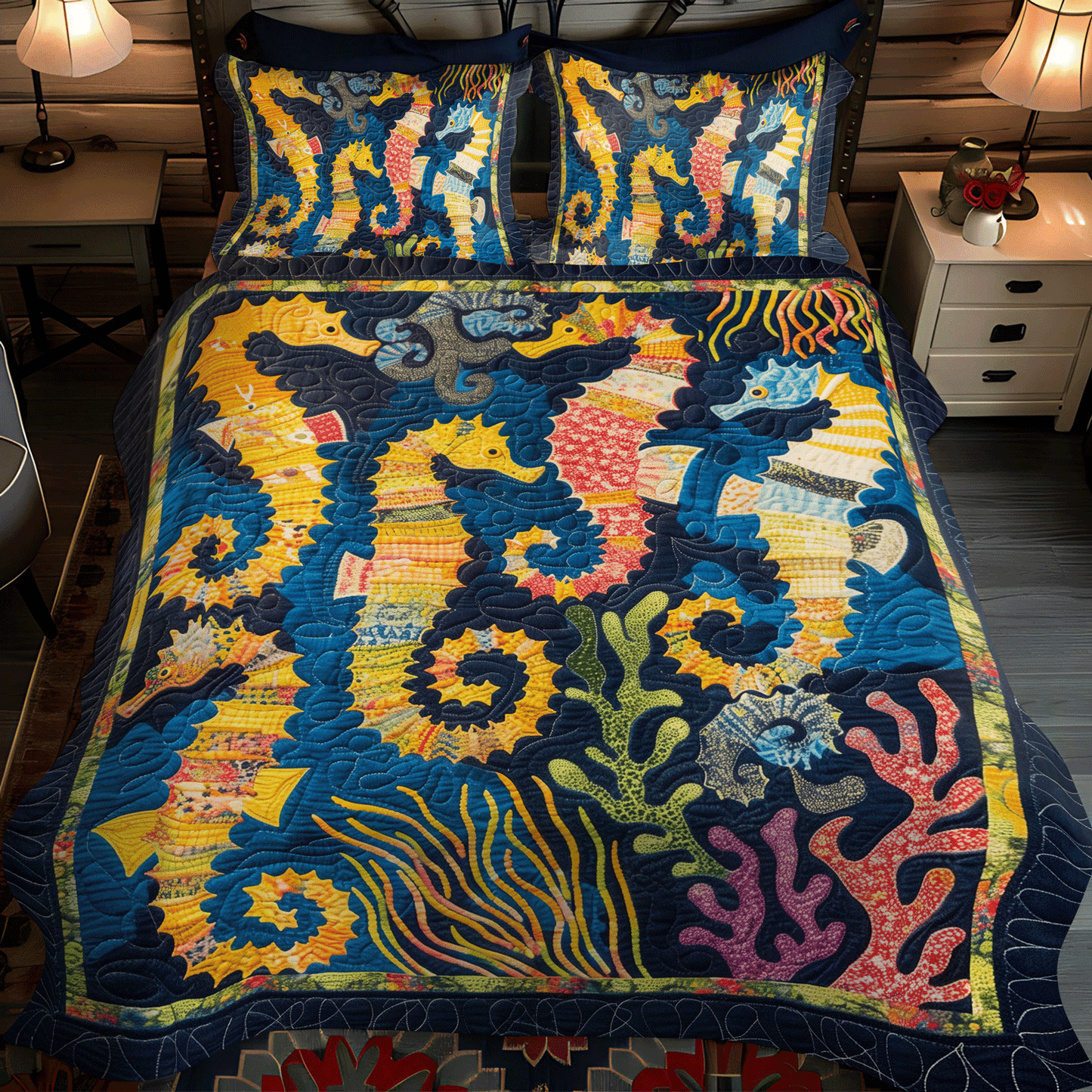 Seahorse Coral 3-Piece Quilted Bedding Set - Single (59" x 70")