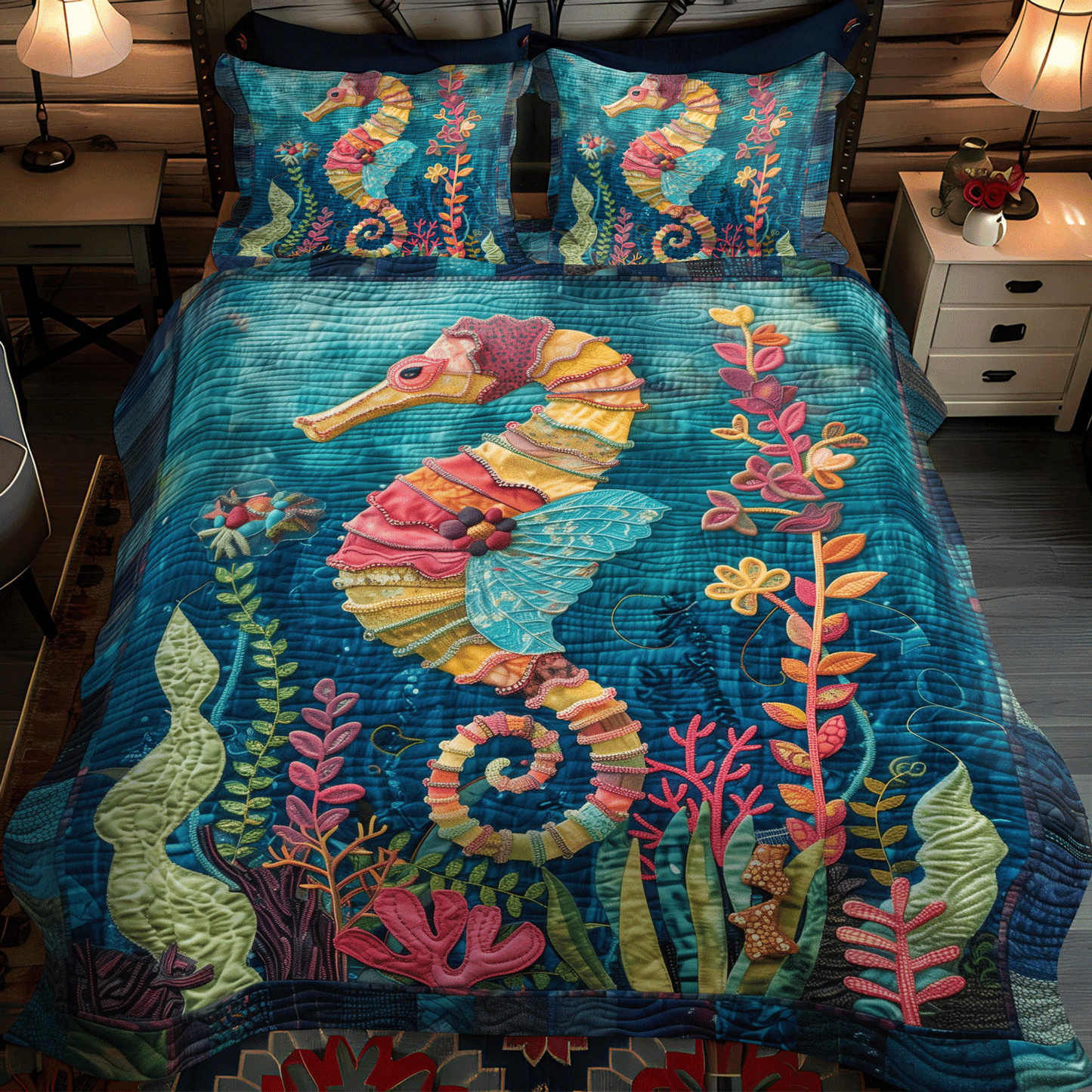 Seahorse Fairytale 3-Piece Quilted Bedding Set - Single (59" x 70")
