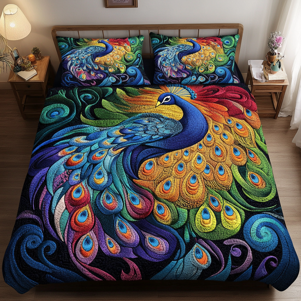Serene Peacock Haven 3-Piece Quilted Bedding Set - Single (59" x 70")