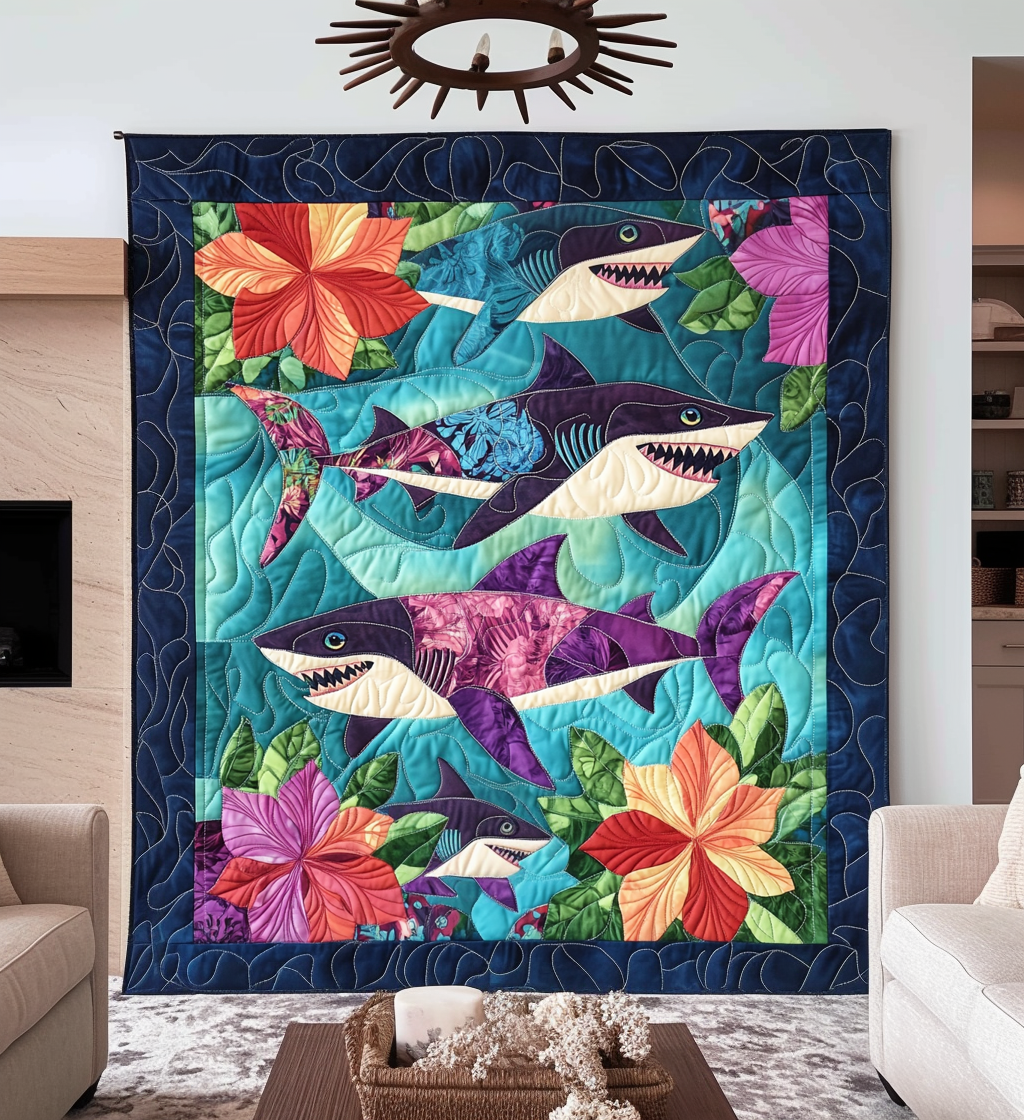 Shark Holiday Quilted Blanket - Throw (55" x 60")