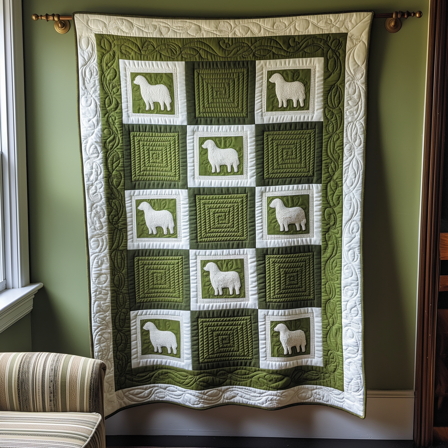 Sheep In Spring Meadow Quilted Blanket - Throw (55" x 60")