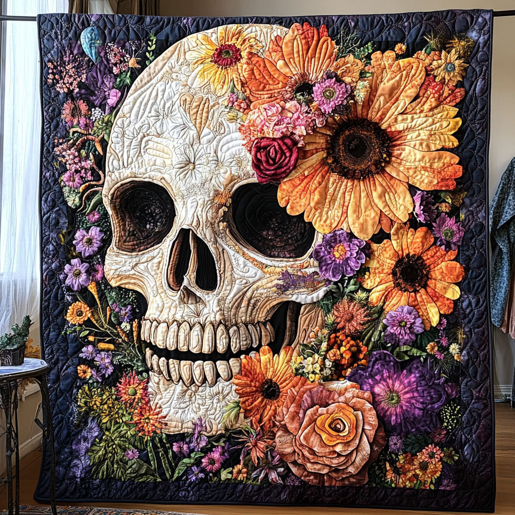 Skeleton Flowers Quilted Blanket - Throw (55" x 60")