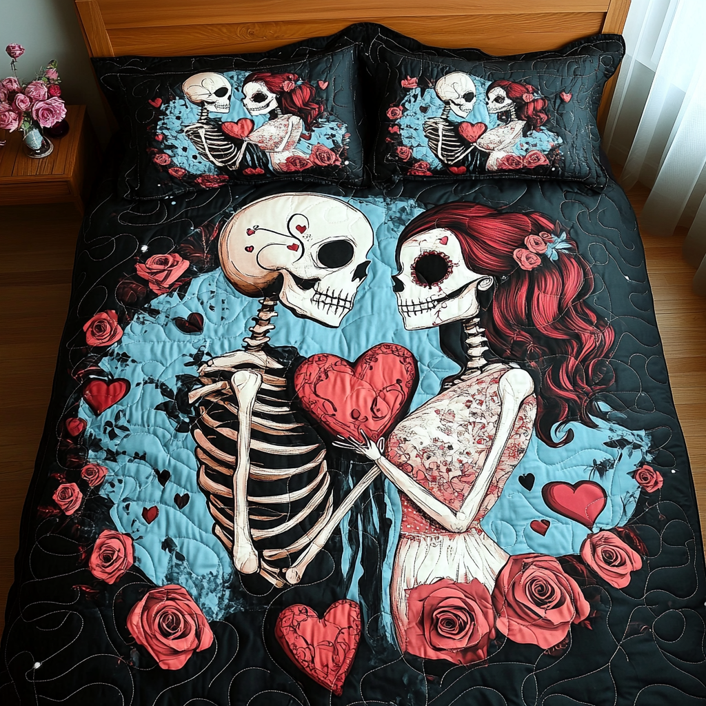 Skeletons in Love 3-Piece Quilted Bedding Set - Single (59" x 70")