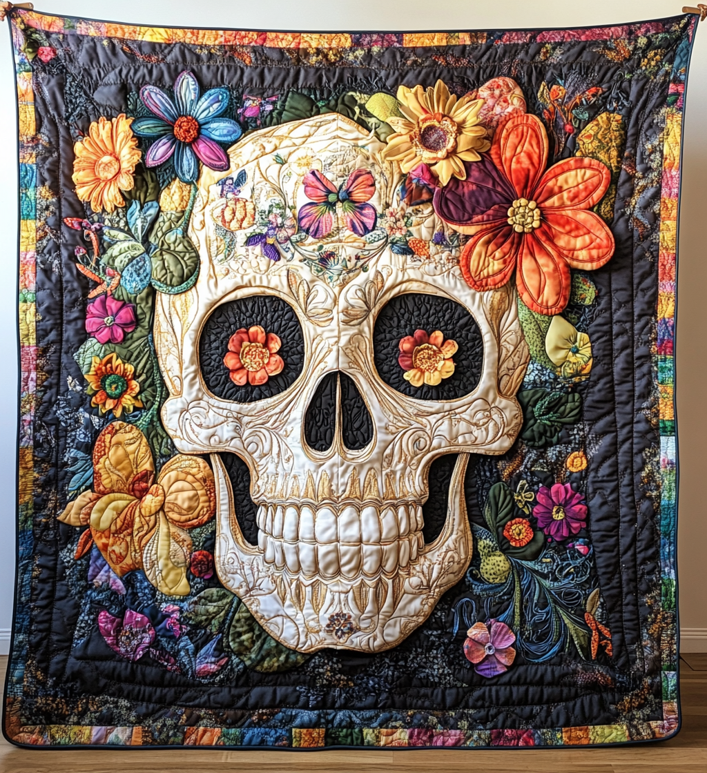 Skull And Blooms Quilted Blanket - Throw (55" x 60")