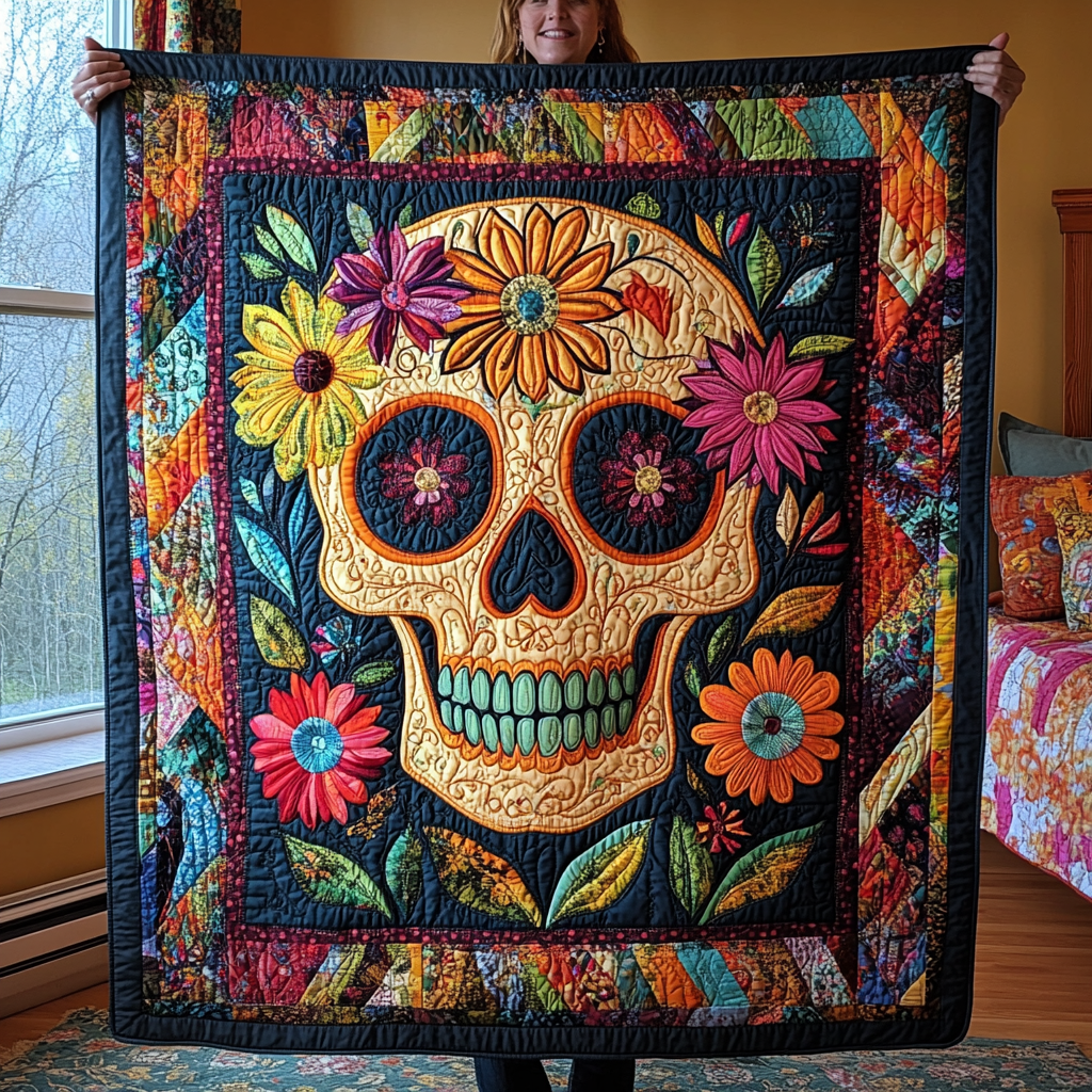Skull And Blooms Quilted Blanket - Throw (55" x 60")
