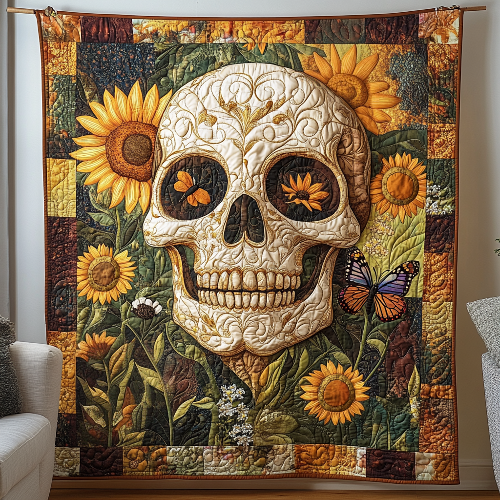 Skull In Fiesta Quilted Blanket - Throw (55" x 60")