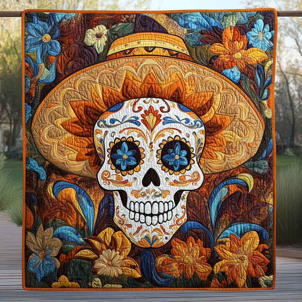 Skull in Bloom Quilted Blanket - Throw (55" x 60")