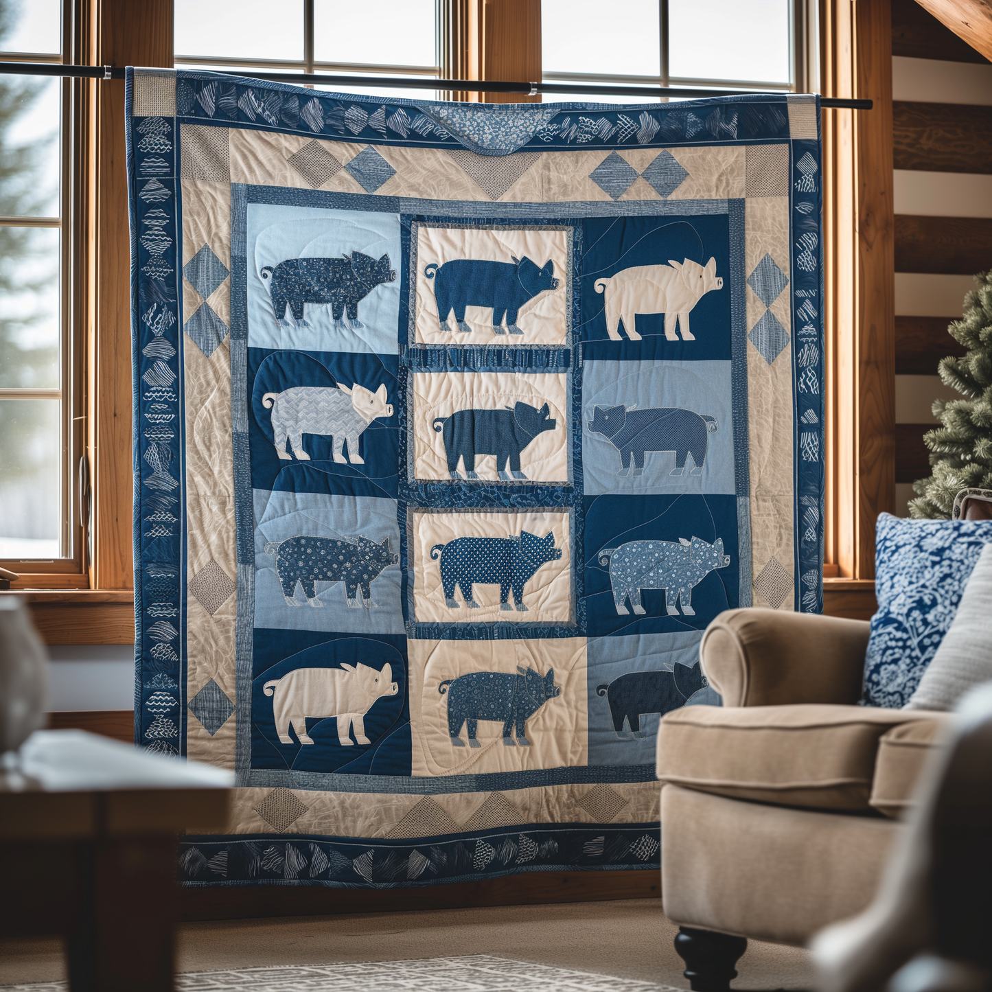 Sky and Snow Pig Quilted Blanket - Throw (55" x 60")