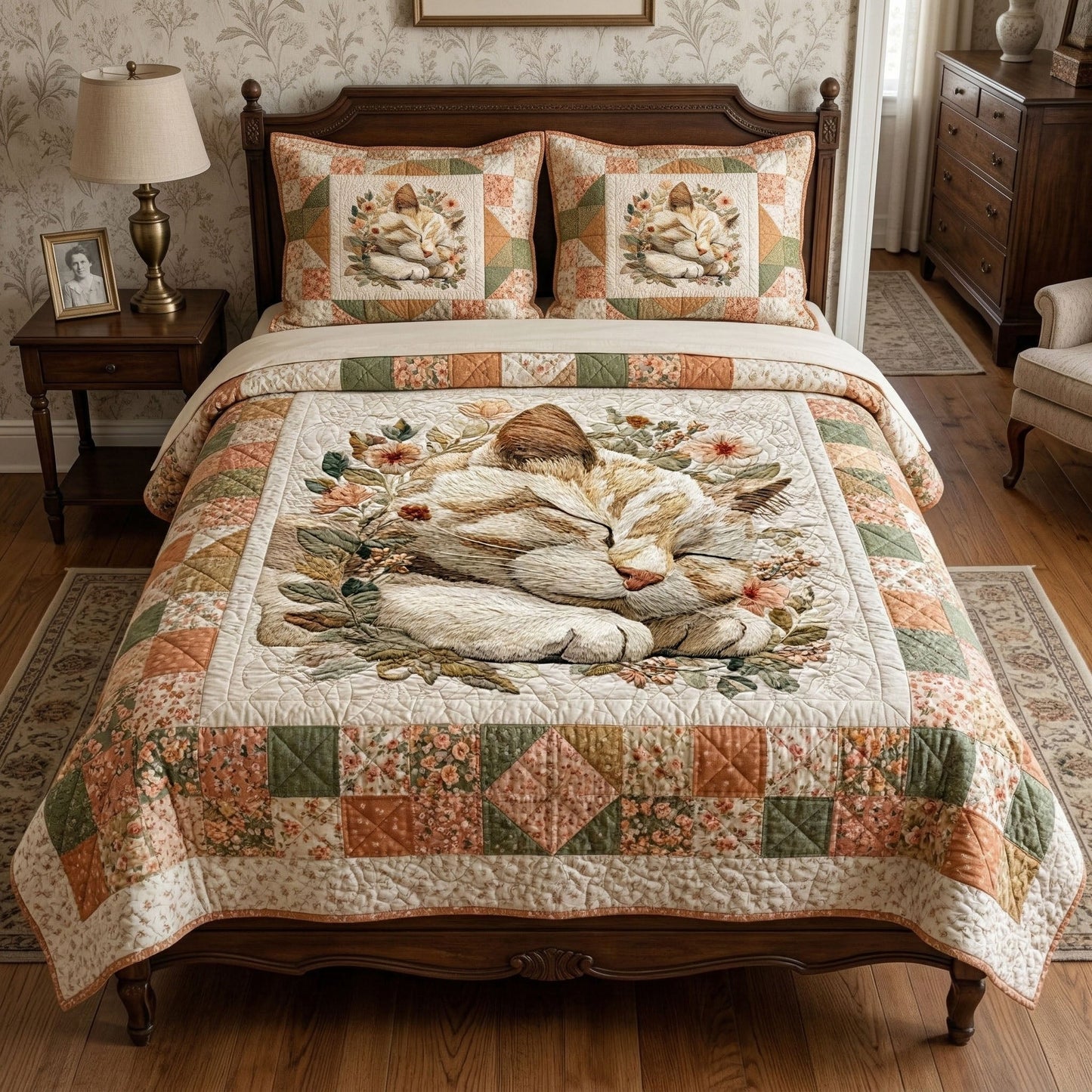 Sleeping Cat Garden 3-Piece Quilted Bedding Set - Single (59" x 70")