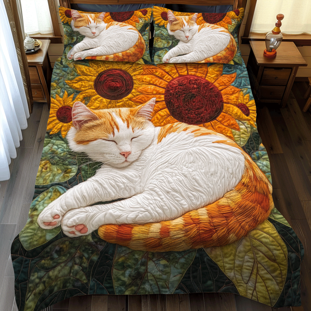 Sleeping Cat Sunflower 3-Piece Quilted Bedding Set - Single (59" x 70")