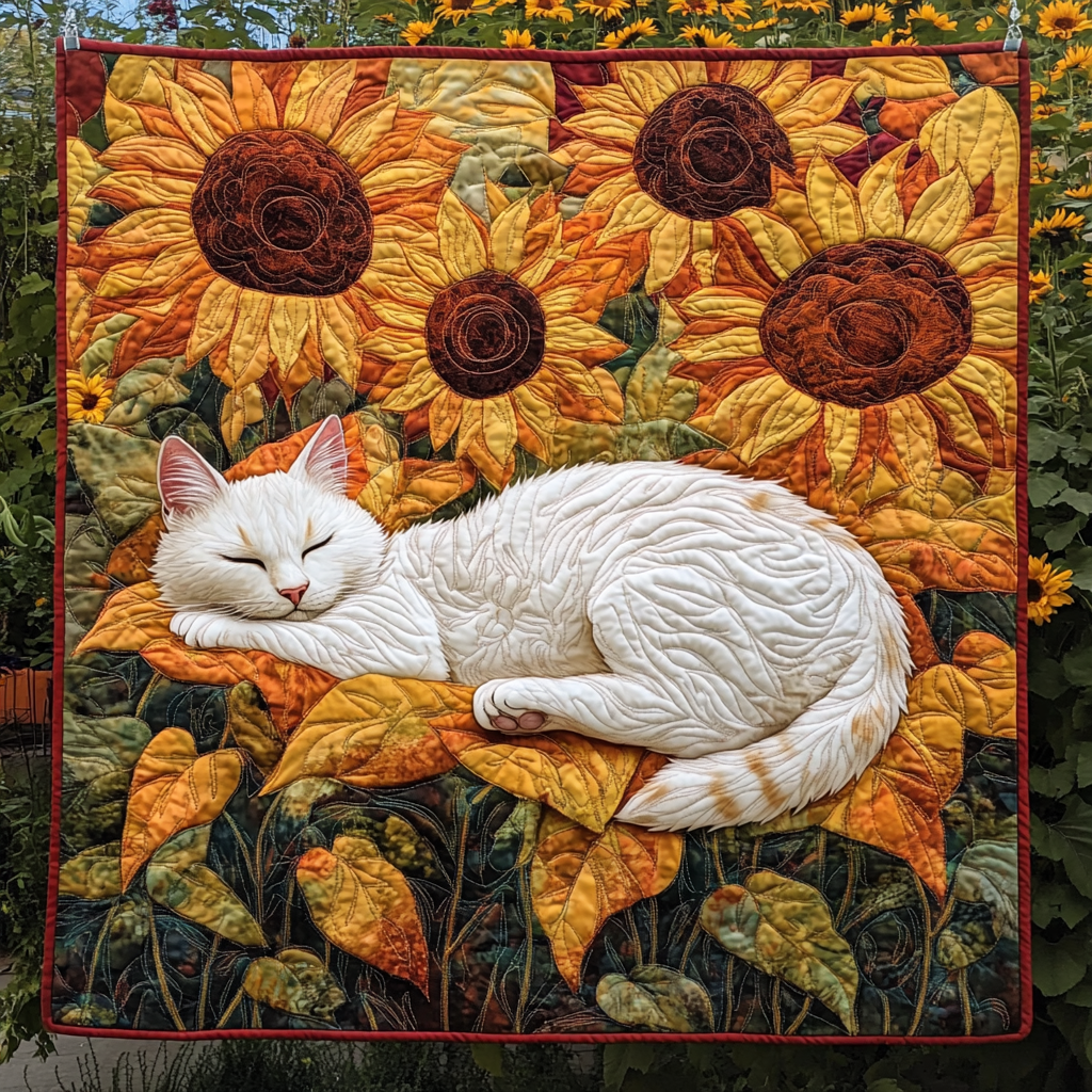 Sleeping Cat Sunflower Quilted Blanket - Throw (55" x 60")
