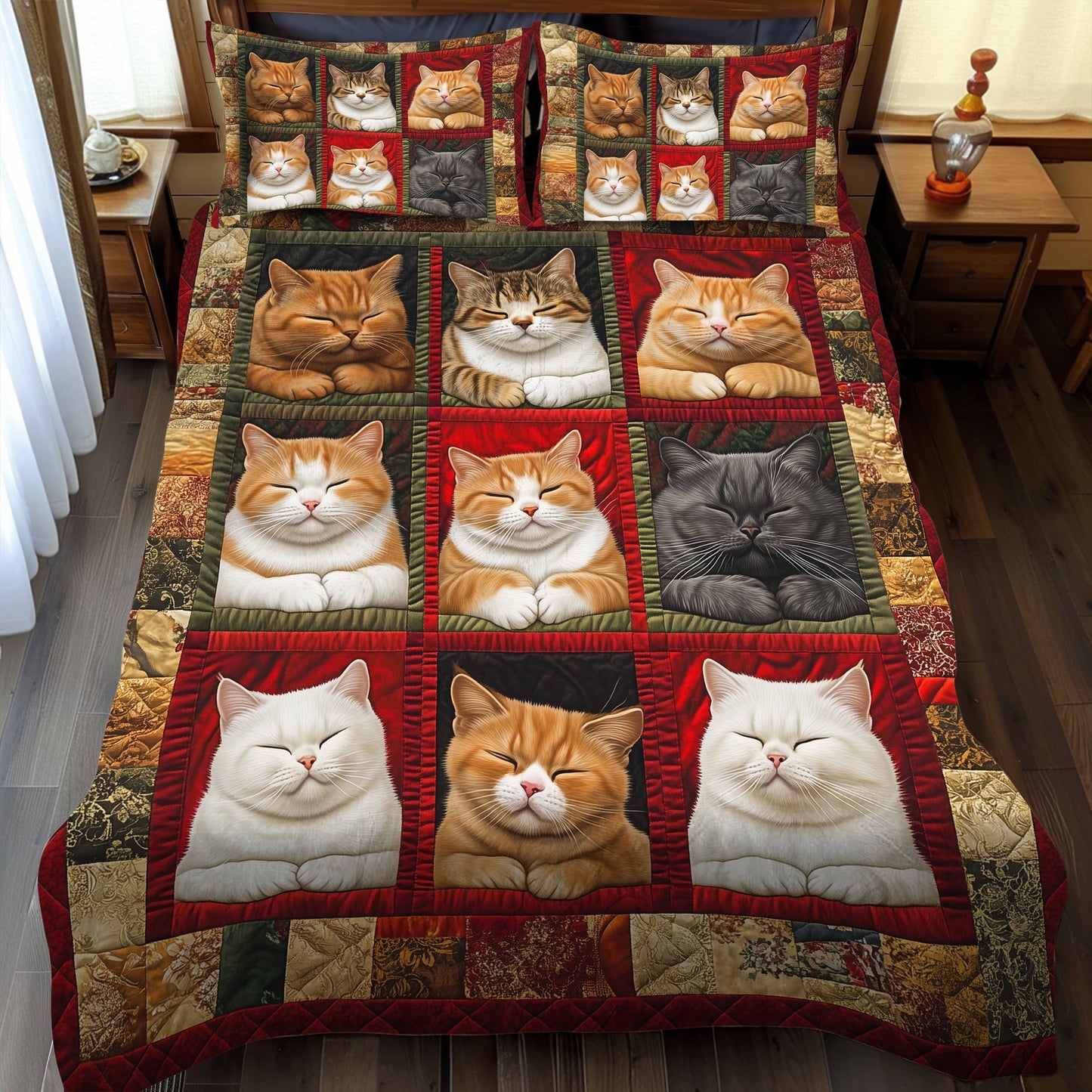 Slumbering Feline 3-Piece Quilted Bedding Set - Single (59" x 70")
