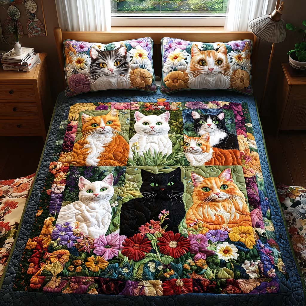 Smiling Cat Charm 3-Piece Quilted Bedding Set - Single (59" x 70")