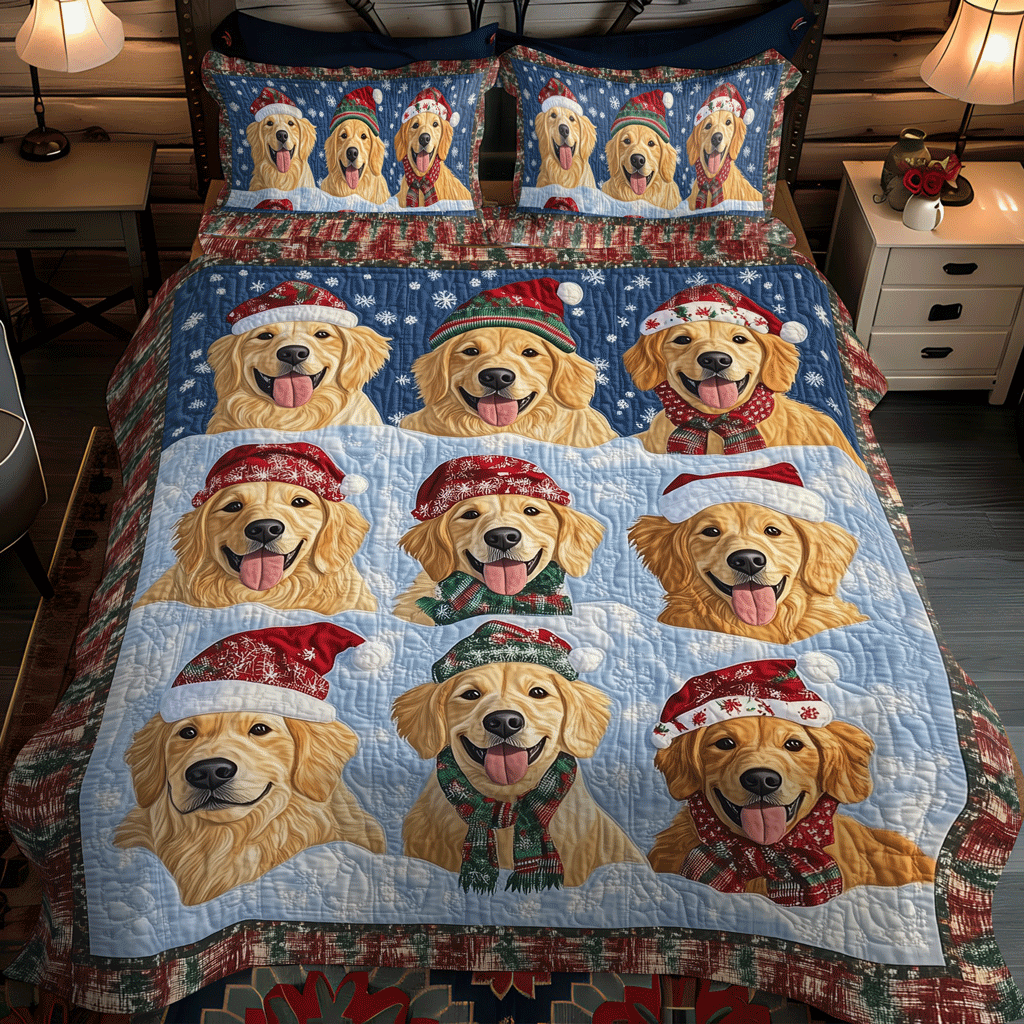 Snow Golden Puppy 3-Piece Quilted Bedding Set - Single (59" x 70")