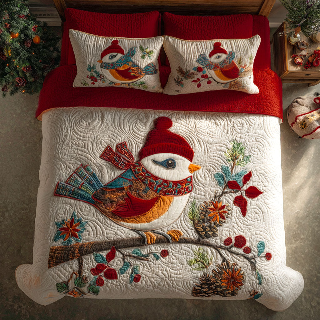 Snowberry Chickadee 3-Piece Quilted Bedding Set - Single (59" x 70")