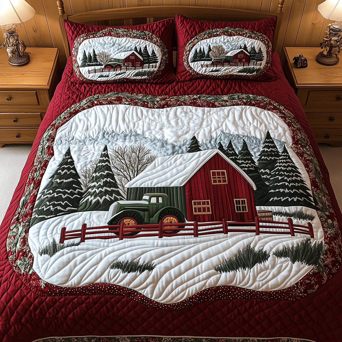 Snowy Barn Christmas 3-Piece Quilted Bedding Set - Single (59" x 70")
