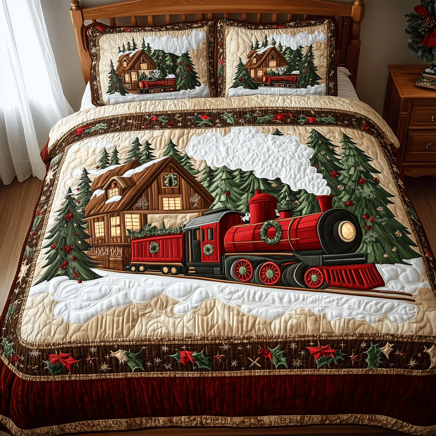 Snowy Trainscape 3-Piece Quilted Bedding Set - Single (59" x 70")