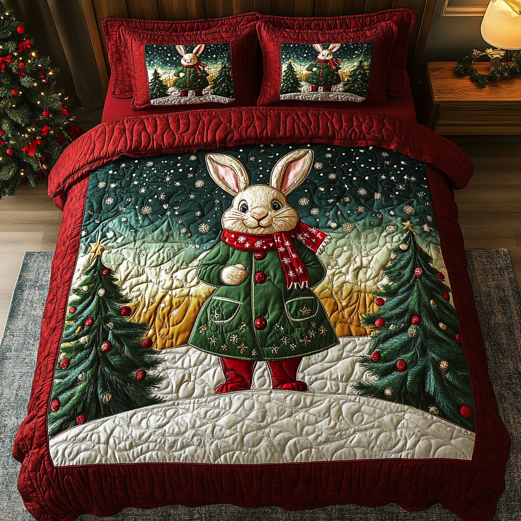 Snowy Bunny Delight 3-Piece Quilted Bedding Set - Single (59" x 70")