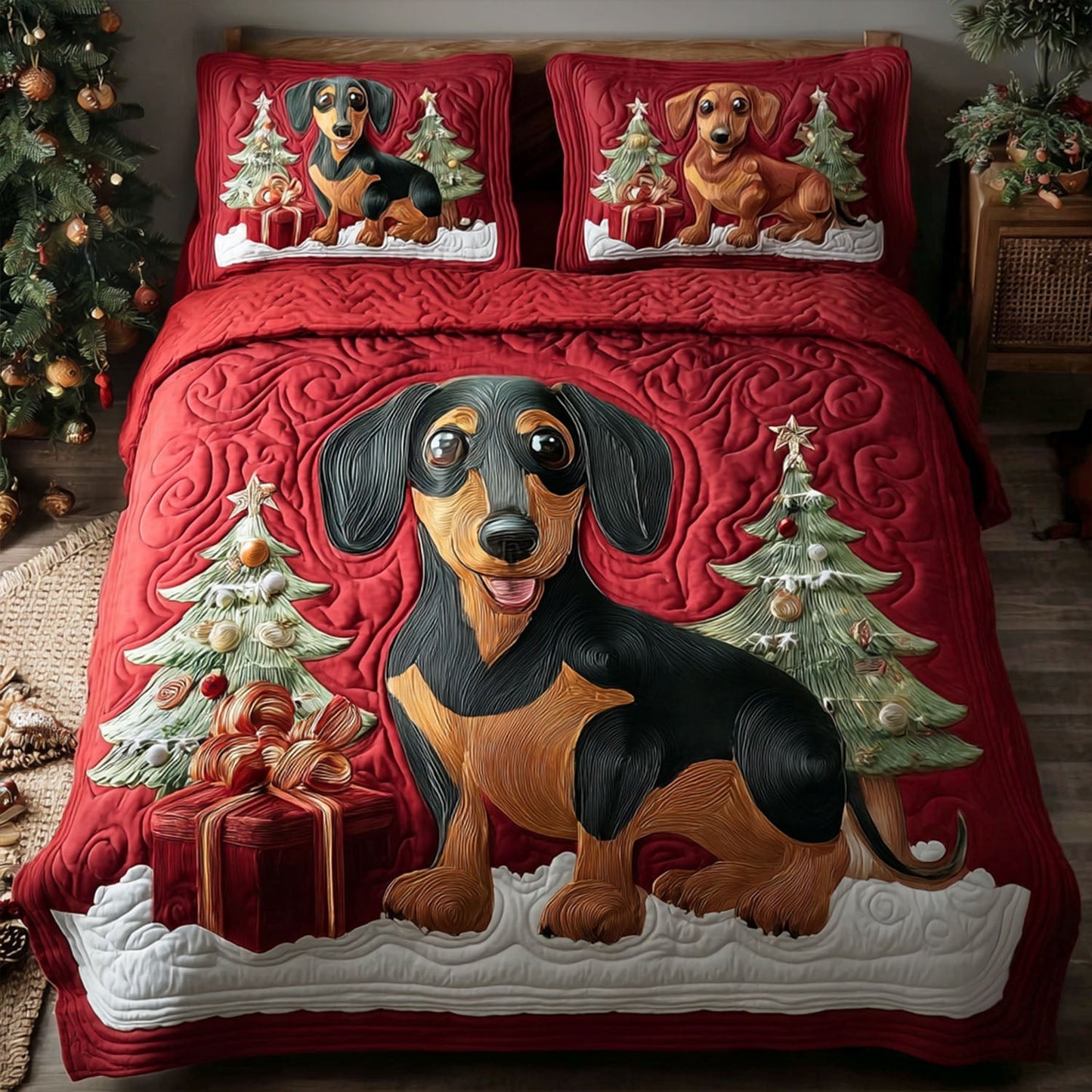 Snowy Sausage Dog 3-Piece Quilted Bedding Set - Single (59" x 70")