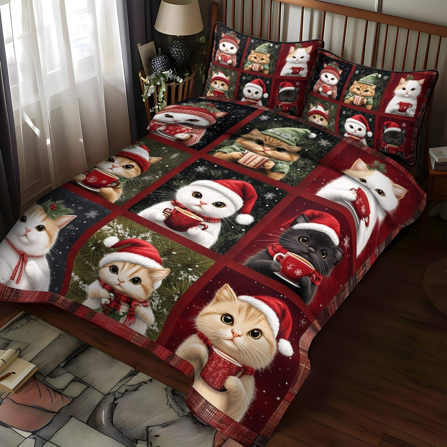 Snuggly Cat Sips 3-Piece Quilted Bedding Set - Single (59" x 70")