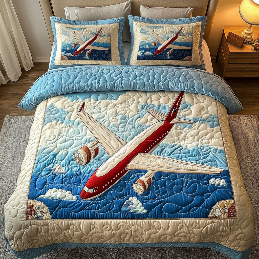 Soaring Airplane 3-Piece Quilted Bedding Set - Single (59" x 70")