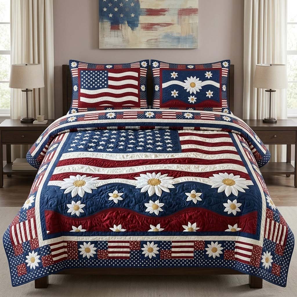 Spangled Daisies 3-Piece Quilted Bedding Set - Single (59" x 70")