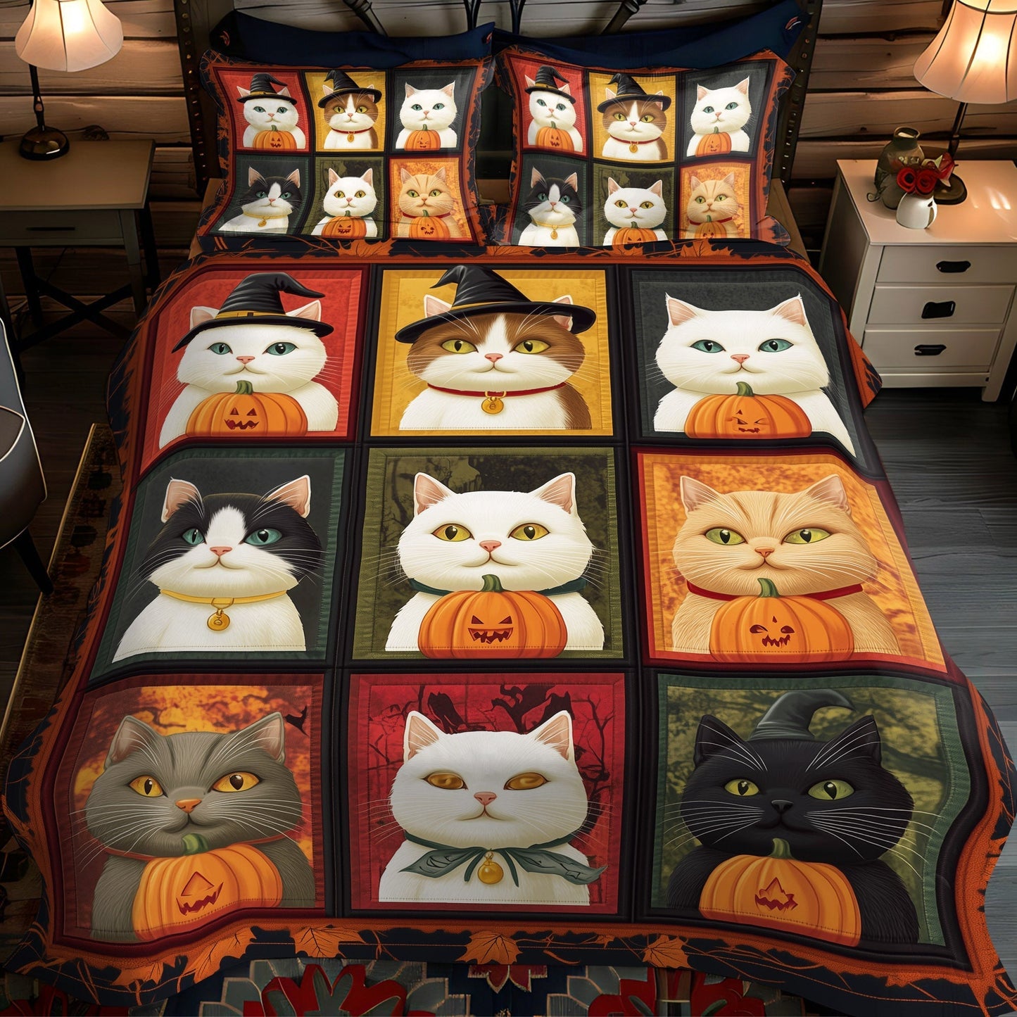 Spooky Cat Companions 3-Piece Quilted Bedding Set - Single (59" x 70")