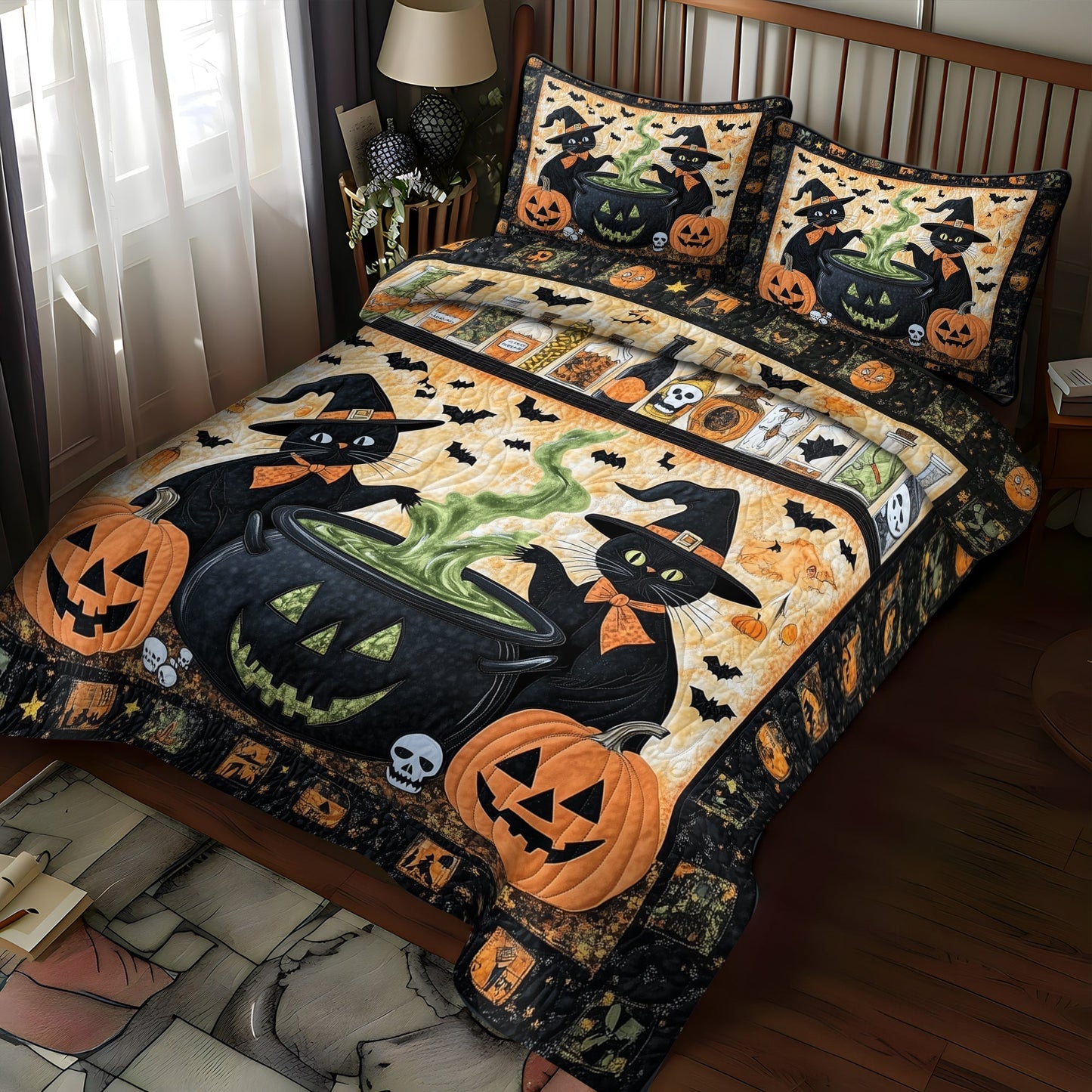 Spooky Cauldron Cats 3-Piece Quilted Bedding Set - Single (59" x 70")