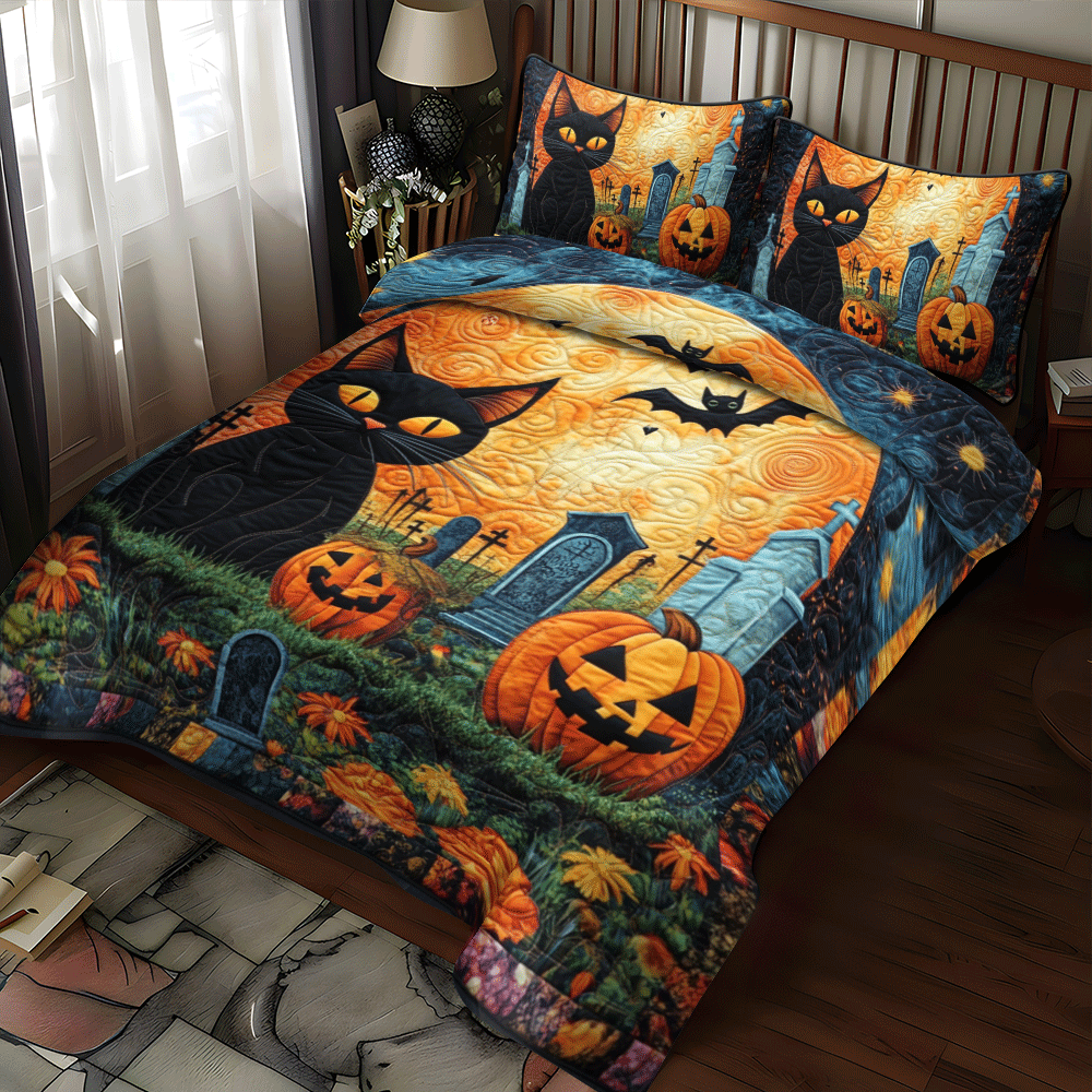 Spooky Halloween Cat 3-Piece Quilted Bedding Set - Single (59" x 70")