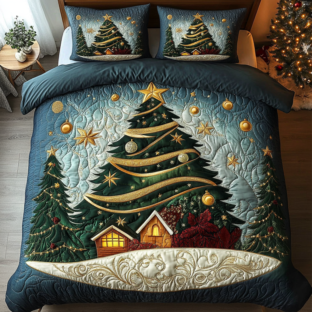 Starry Christmas Spruce 3-Piece Quilted Bedding Set - Single (59" x 70")