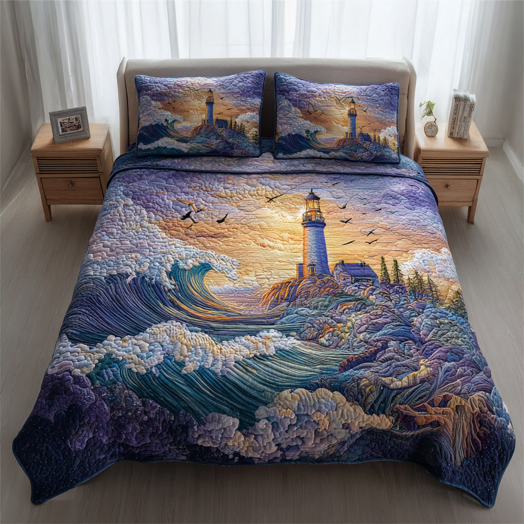 Storm Lighthouse Sunset 3-Piece Quilted Bedding Set - Single (59" x 70")