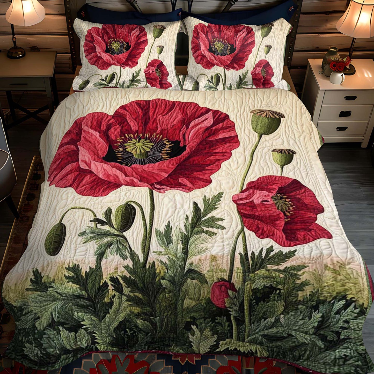 Summer Poppy Field 3-Piece Quilted Bedding Set - Single (59" x 70")