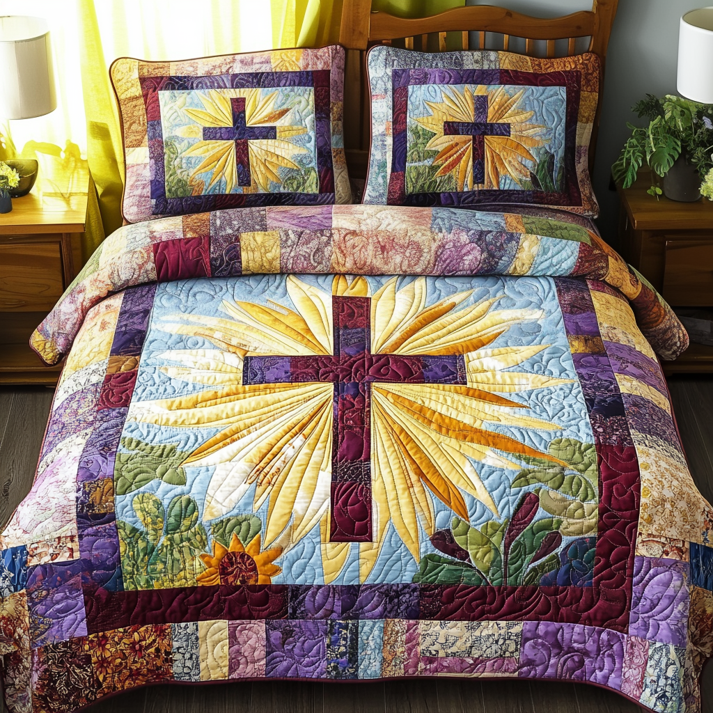 Sunburst Cross 3-Piece Quilted Bedding Set - Single (59" x 70")