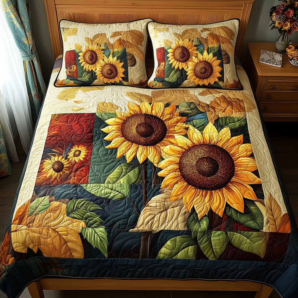 Sunflower Fields 3-Piece Quilted Bedding Set - Single (59" x 70")